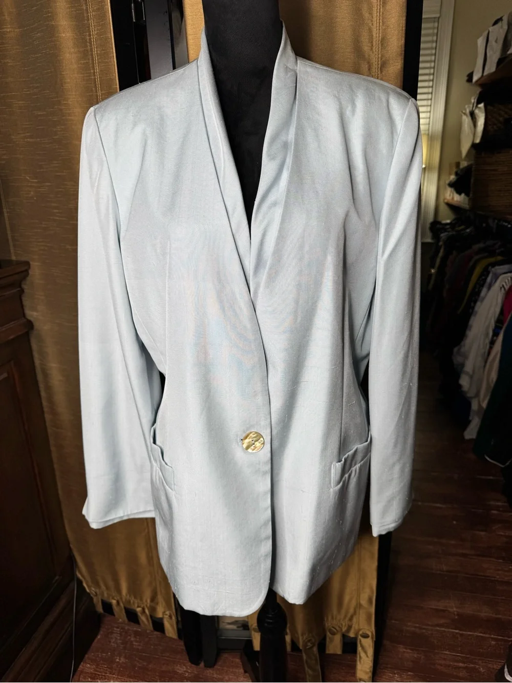Vintage Christian Dior 100% Silk Blazer Size 16 Light Blue Made Korea